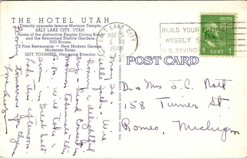 VINTAGE POSTCARD HOTEL UTAH OLD CARS AND BUSES STREET SCENE POSTED 1948