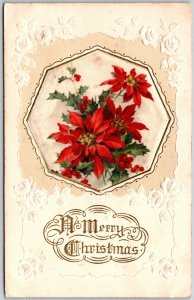 Merry Christmas, 1913 Poinsettias & Holly In Hexagon, Embossed Border, Postcard