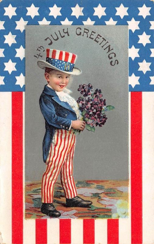 4th July Greetings c1910 Embossed Postcard Child Dressed Uncle Sam Costume Flag 