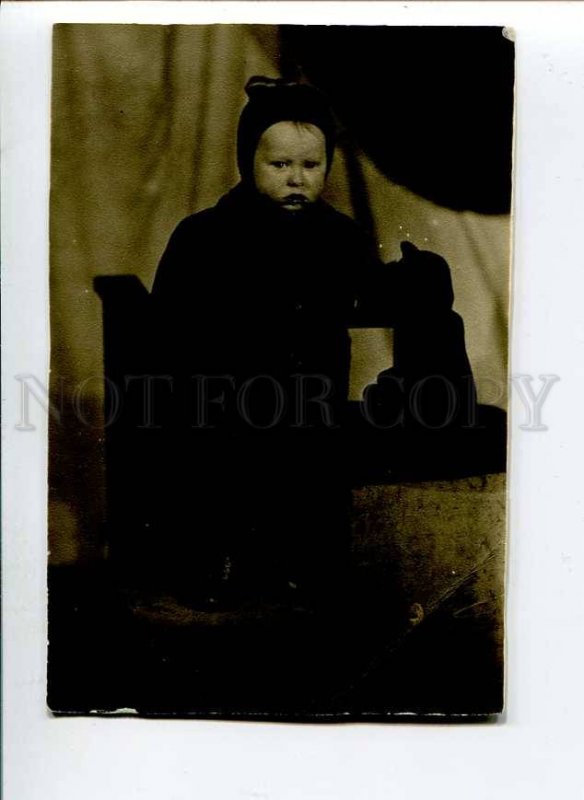 3015429 Girl in Winter Coat & TEDDY BEAR Toy old REAL PHOTO