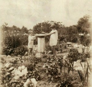 c1930's Children Playing in Garden Water Fountain Unposted RPPC Photo Postcard 