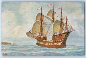 Germany Postcard Schooner Boat with Flags and Nets c1910 Unposted Antique