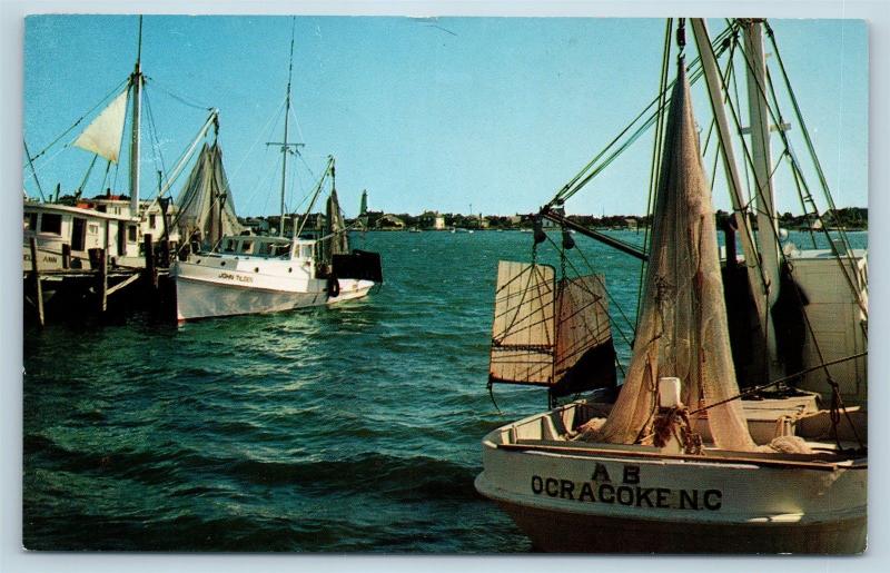 Postcard NC Ocracoke Island Shrimp Boats at Anchor Outer Banks OBX c1960s N8