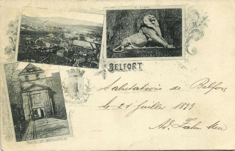 france, BELFORT, Multiview, Panorama, Porte de Brisach, Le Lion (1899) Stamp