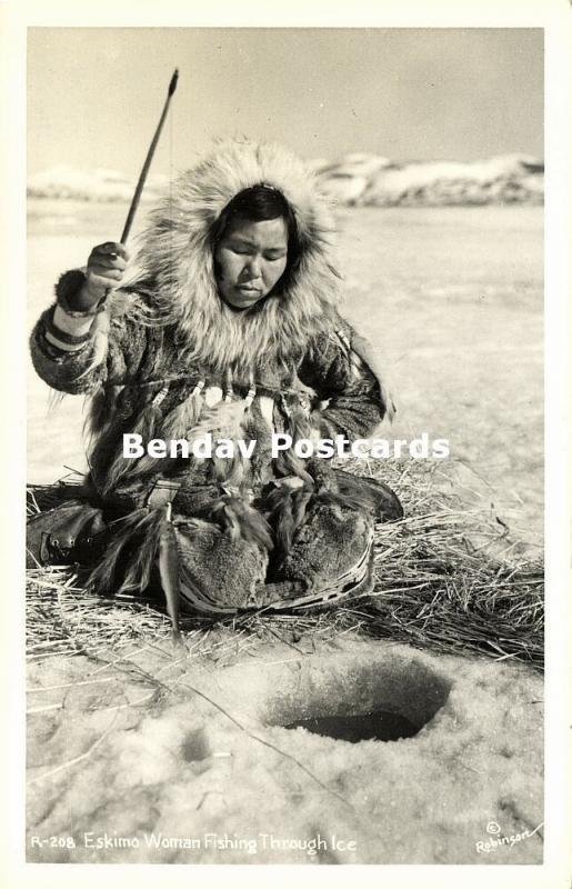 Alaska Native Eskimo Woman Fishing through Ice 1950s RPPC