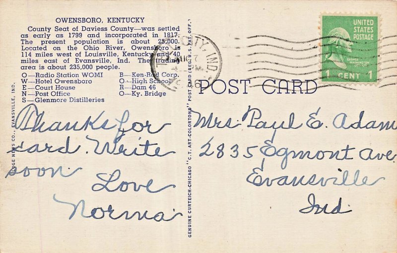 Owensboro Kentucky-Multi image Large Letter 1946 Postcard
