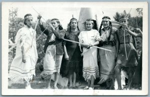 AMERICAN INDIAN WOMEN ARCHERY LESSON ANTIQUE REAL PHOTO POSTCARD RPPC