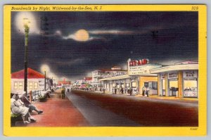 1951 WILDWOOD BY THE SEA NJ BOARDWALK AT NIGHT MOONLIGHT STRAND THEATER POSTCARD