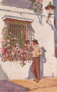 Andalusian couple- At the window Old vintage Spanish postcard