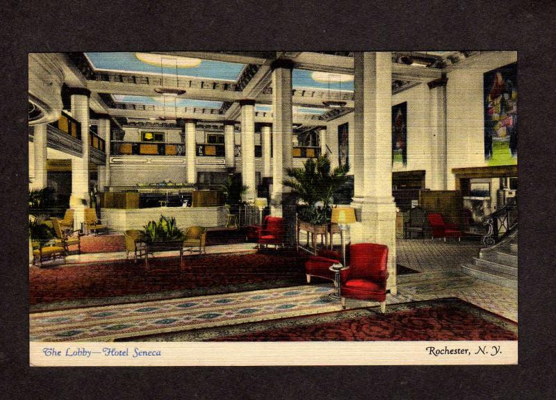 NY Interior Lobby Hotel Seneca Rochester New York Linen Postcard