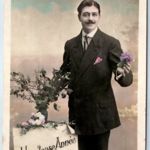 c1910s French Happy New Year Handsome Man Flower RPPC Hand Colored Photo PC A136