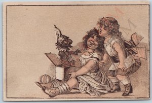 c1880s Creepy Jack in Box Toy Scare Cute Girl Trade Card Scary Clown Jester C51