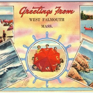 c1940s West Falmouth, MA Greetings Beach Women Linen Postcard Tichnor Bros A114