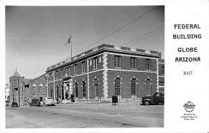 Globe AZ Federal Building Post Office Old Cars Real Photo Postcard
