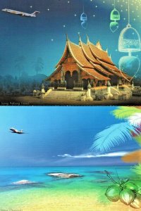 Lot (2) perforated Postcards Lovely Bangkok Airways Laos Thailand Art