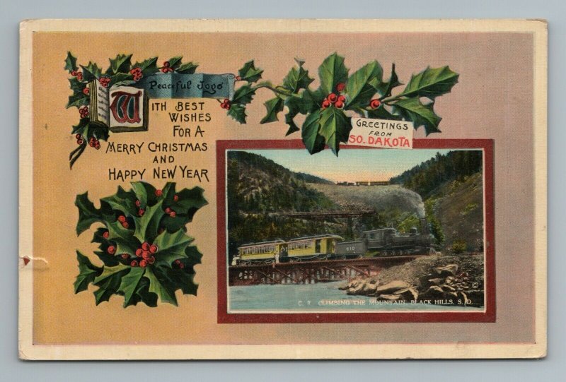 Train Black Hills South Dakota Voedisch's Jeweler Christmas New Years Postcard