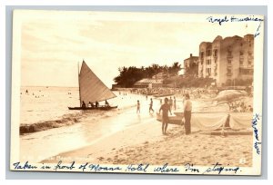 Vintage 1940's  RPPC Postcard  Waikiki Beach Honolulu Hawaii Sailboats Hotels