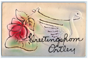 c1910's Greetings From Ortley South Dakota SD Embossed Swan And Flowers Postcard