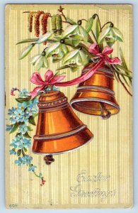 Wells Minnesota MN Postcard Easter Greetings Bells Flowers Cattail Flowers