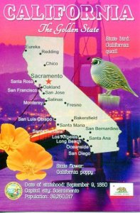 CALIFORNIA Map Postcard - The Golden State -  State Symbols