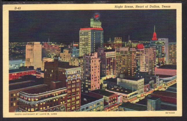 Night Scene Heart of Dallas TX Postcard 4111