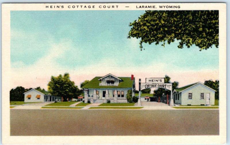 LARAMIE, WY   Roadside HEIN'S COTTAGE COURT 1940s Linen Lincoln Highway Postcard