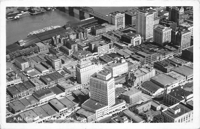 Tacoma Washington Aerial View~Business District~Ships on River~Bridge~1940s RPPC