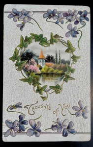 Vintage Victorian Postcard 1912 Thoughts of You - Heart with Scene