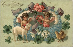 Easter Fantasy Little Boy Cherubs Fairies Lamb Baby Chick c1910 Vintage Postcard
