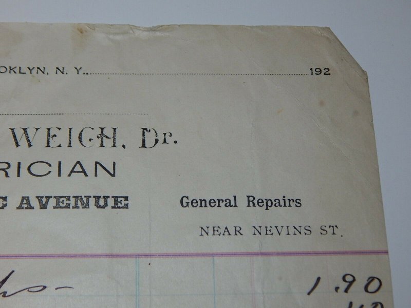 1920's Chas P Weich Dr. Electrician Brooklyn New York Lamps Letterhead