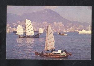 HONG KONG CHINA VIEW OF THE HARBOR BOATS CHINESE VINTAGE POSTCARD