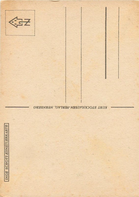 Artist signed INGE SCHOTT children caricature costume bird gardener 