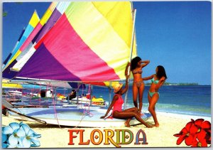 Florida Three Women in Swimsuits Sail Boats Beach Swimming Ocean Postcard
