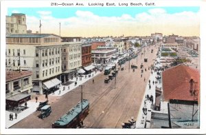 Postcard CA Long Beach Ocean Avenue Streetcar Liberty Theatre Shops 1920s V194