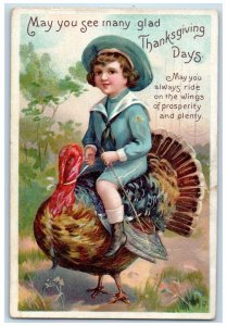 1912 Thanksgiving Day Boy Riding Turkey Clapsaddle Embossed Antique Postcard 