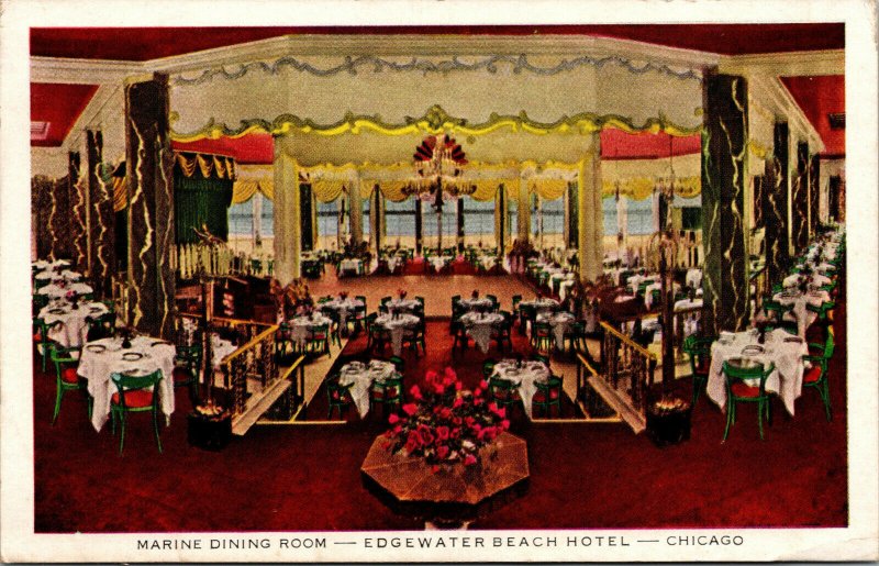 Vtg Marine Dining Room Edgewater Beach Hotel Chicago Illinois IL Postcard