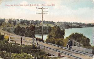 Janesville Wisconsin Rock River Railroad Scene Antique Postcard K98751