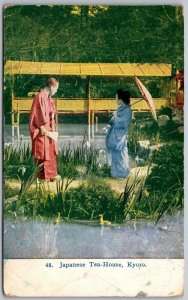Kyoto Japan c1910 Postcard Japanese Tea House Woman Parasol creasing