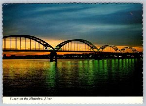 Sunset, Centennial Bridge, Mississippi River, Davenport Iowa Postcard, NOS