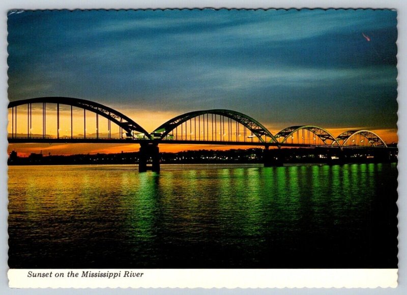 Sunset, Centennial Bridge, Mississippi River, Davenport Iowa Postcard, NOS