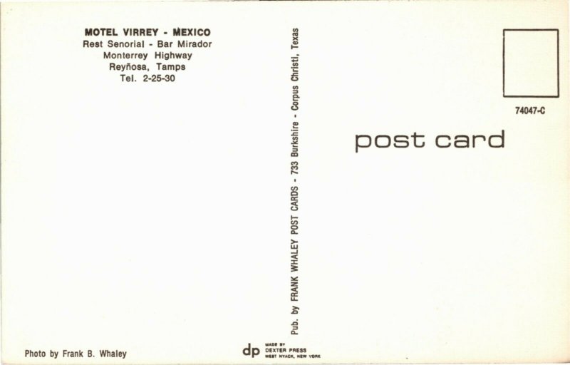 Postcard Mexico Tamaulipas Reynosa Motel Virrey Restaurant Bar Mirador 1960s M56