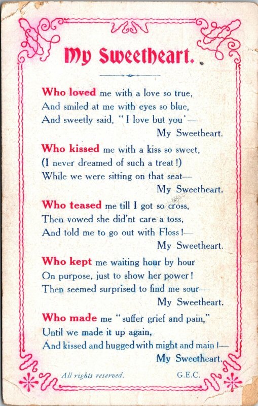 VINTAGE POSTCARD MY SWEETHEART LOVE POETRY PRINTED IN U.K. c. 1910