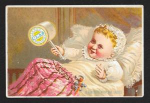 VICTORIAN TRADE CARD Clark's ONT Thread Baby w/Rattle