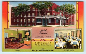 CARROLL, IA Iowa~ Roadside HOTEL BURKE Restaurant 1940s Lincoln Highway Postcard