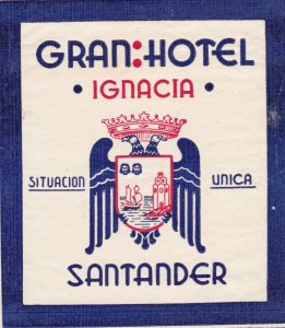 Spain Santander Gran Hotel Ignacia Vintage Luggage Label sk2773