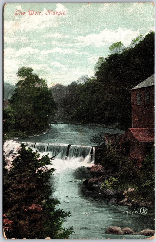 The Wier Marple Bridge, England Waterfalls River Forest House Postcard