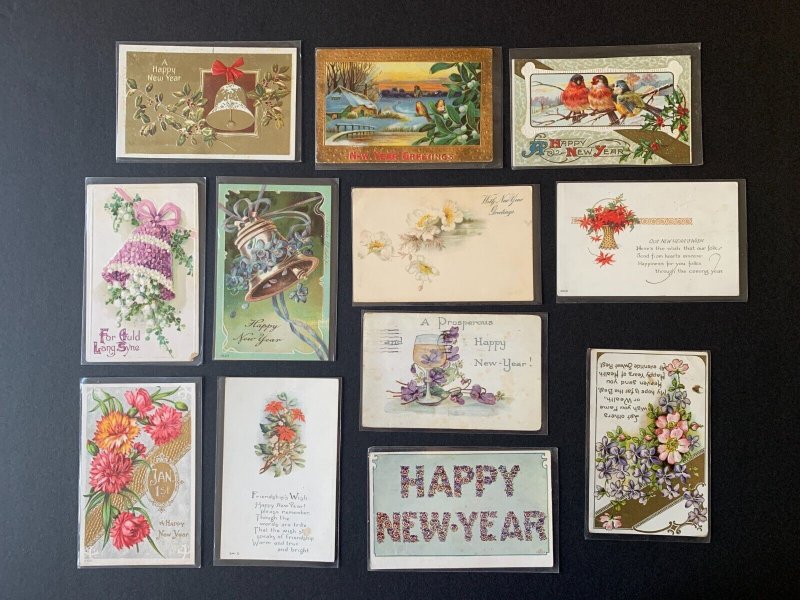 LOT - 12 Vintage Postcards - Holiday New Year - Birds Bells Flowers L2308142712 