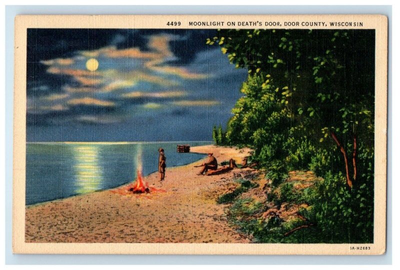 c1940's Moonlight on Death's Door County Wisconsin WI Night Moon Postcard 