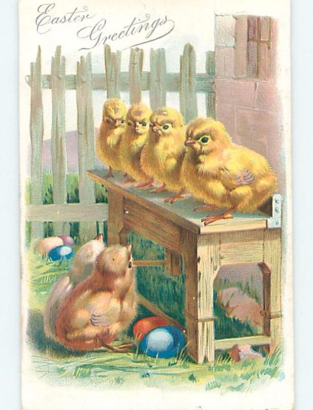 Pre-1907 easter LINE OF CHICKS SITTING ON THE BENCH k1971