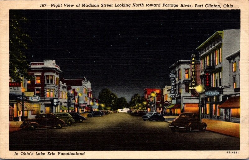 Linen Postcard Night View of Madison Street Looking North in Port Clinton, Ohio